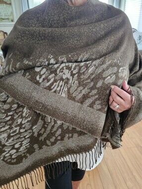 Shawl. Cozy Brown Animal Print Fringe Shawl